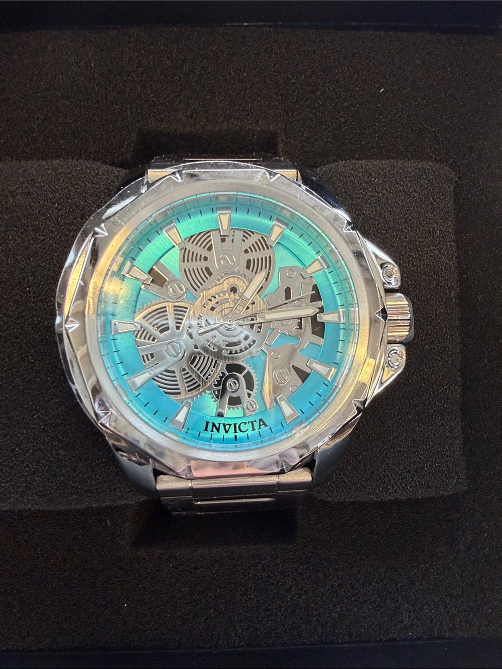 Invicta Silver Watch with Turquoise Dial and Skeleton Movement